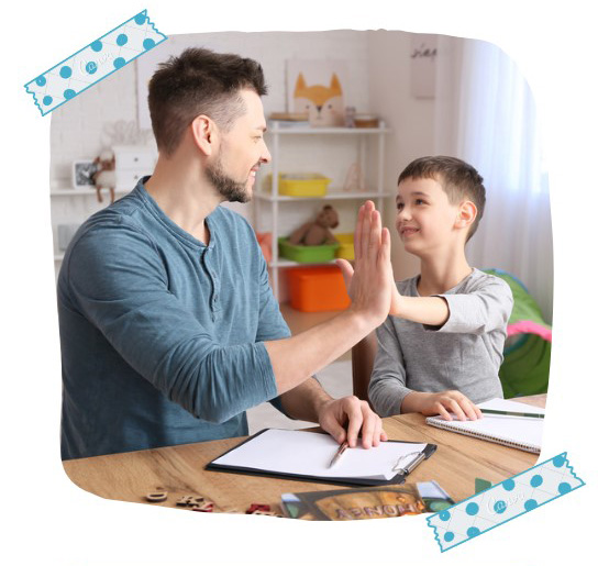 Speech and language screening Communication skills assessment Speech tests Language tests High-five Father and son Communication improvement Speech therapy assessment Family support
